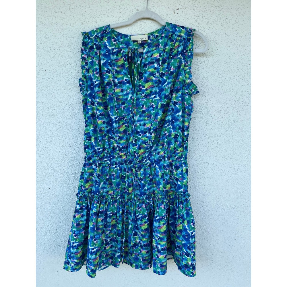 Pinch Dress, Ruffle Sleeves, Sleeveless, Tie Neck, Mini, Blue/Green, Size L